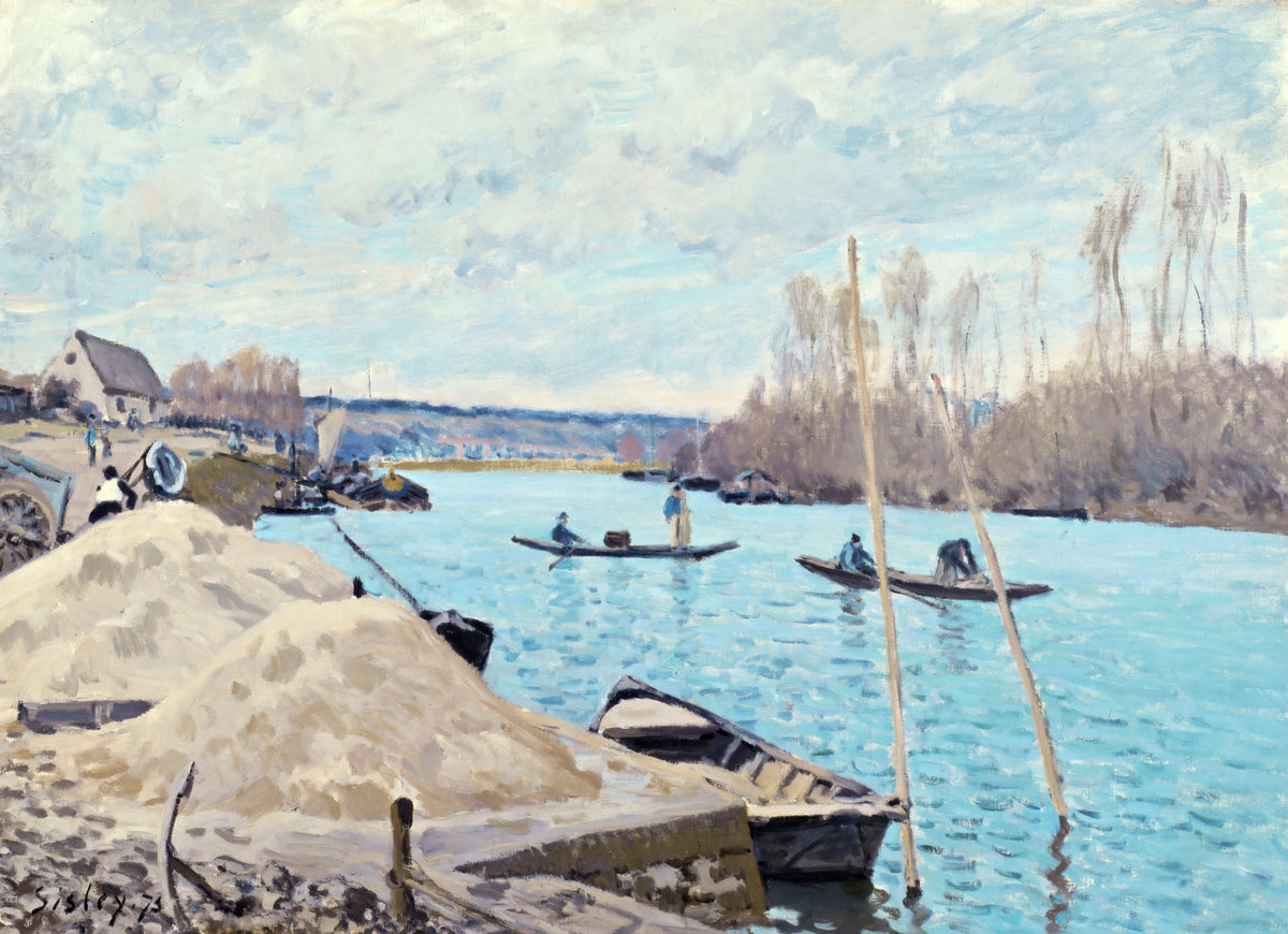 The Seine at Port-Marly by Sisley: piles of ochre sand on the quay, men dredging from a barge on the turquoise Seine