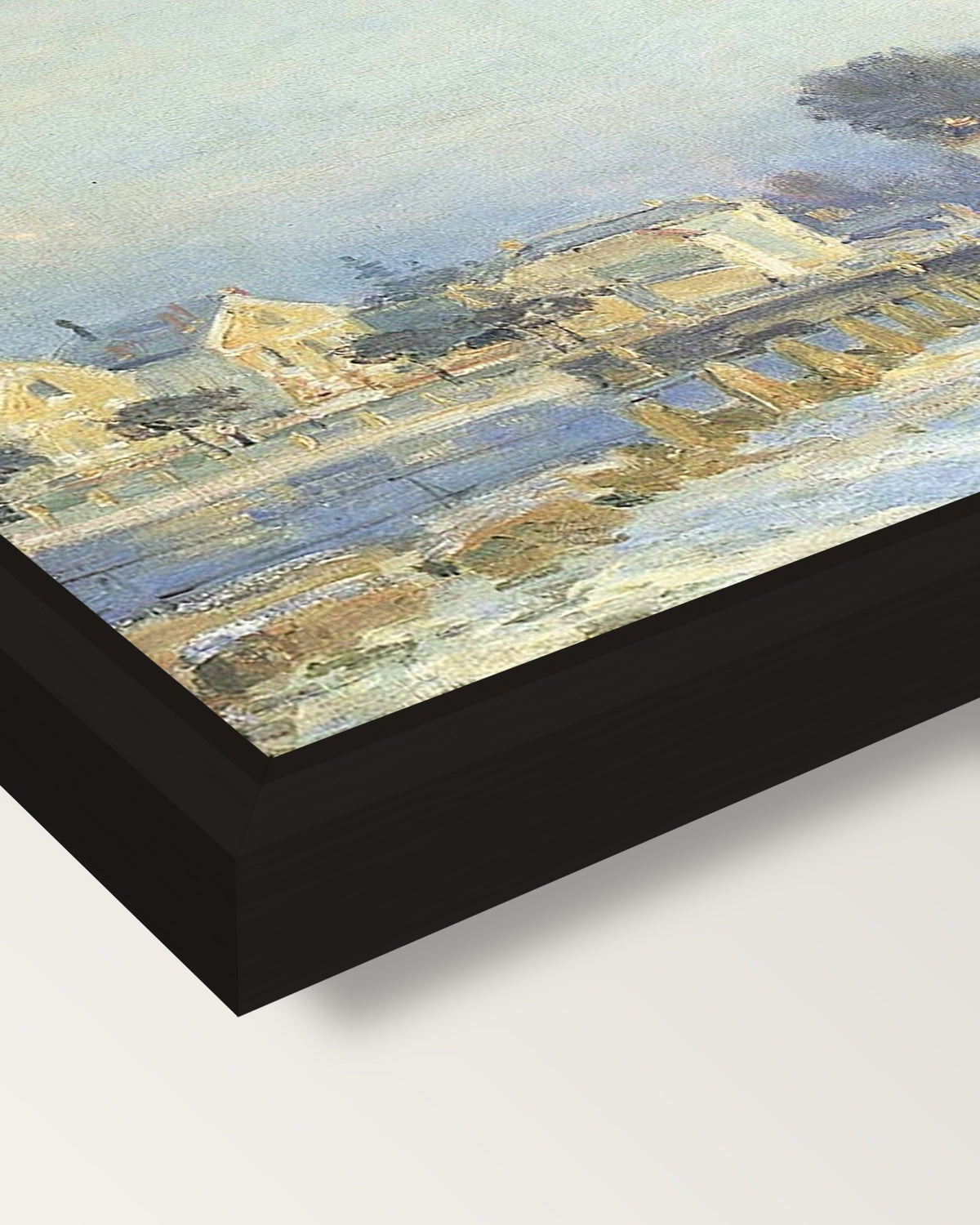 Watering Pond at Marly by Sisley framed canvas, corner close-up: a black floating frame with a shadow gap round the canvas