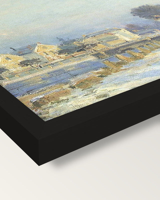 Watering Pond at Marly by Sisley framed print, corner close-up: black moulding, mitred, the print set just below its edge