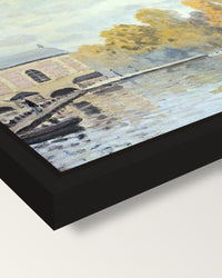 Waterworks at Marly by Sisley framed canvas, corner close-up: a black floating frame with a shadow gap round the canvas