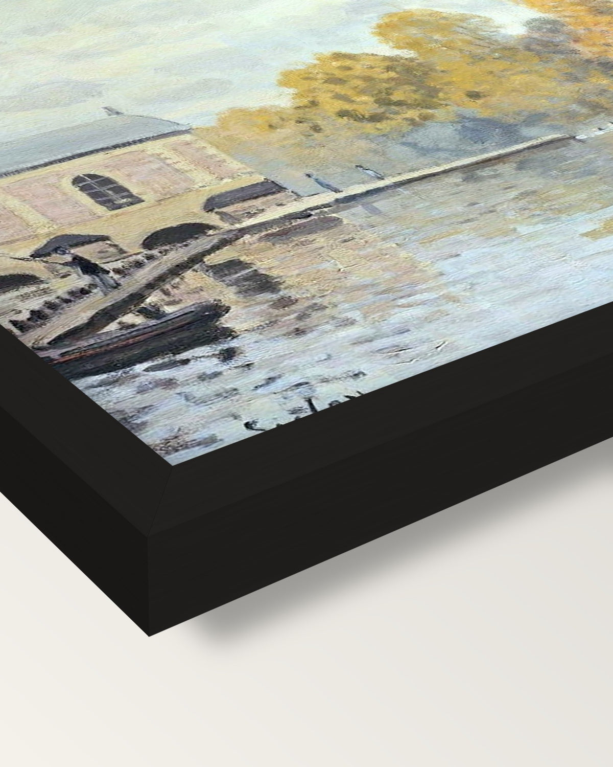 Waterworks at Marly by Alfred Sisley framed print, corner close-up: black moulding, mitred, the print set just below its edge