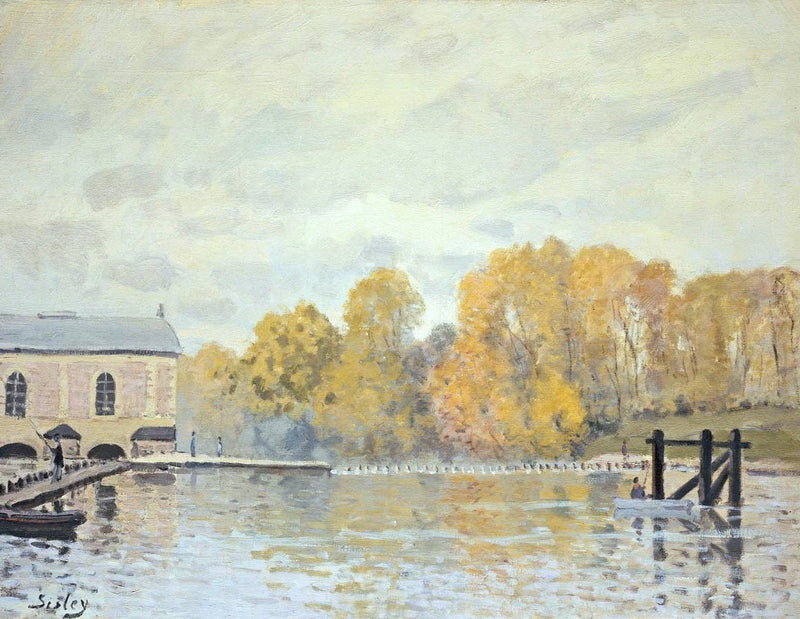 Waterworks at Marly by Sisley: a brick pump house beside the river, golden autumn trees and a pale sky