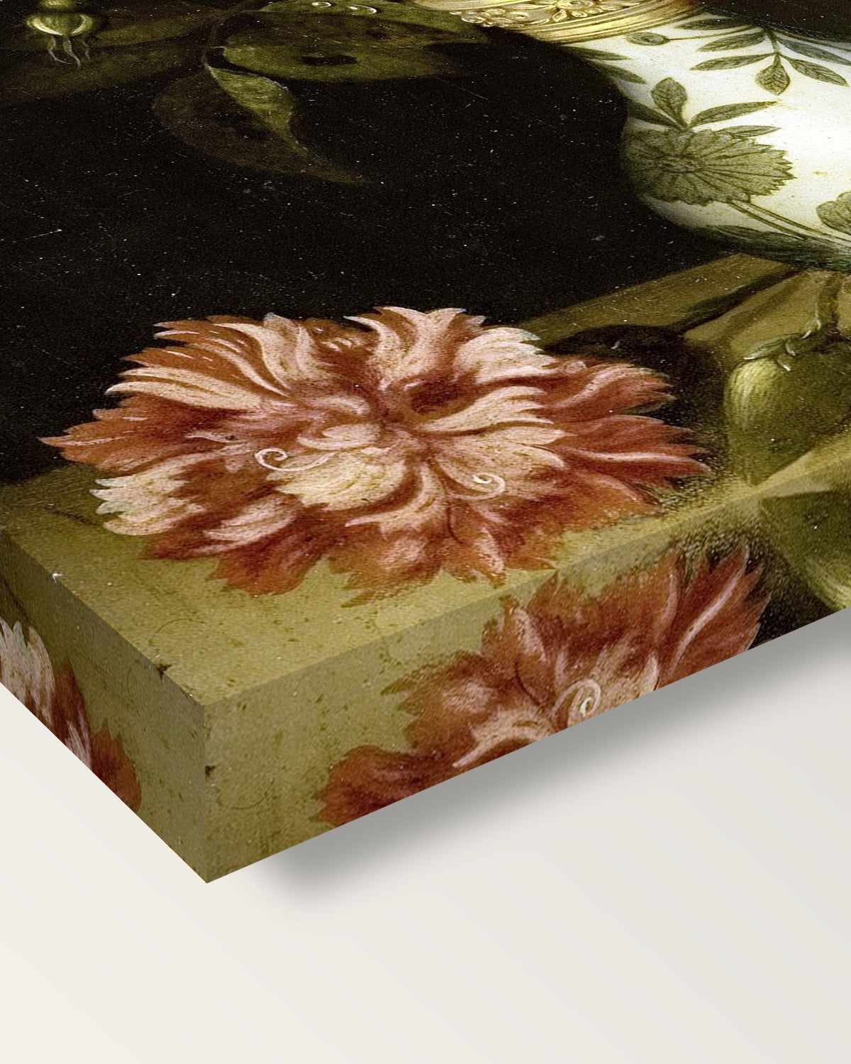 Flowers in a Wan-Li Vase by the Elder on stretched canvas, corner close-up: the painting mirror-wrapped round the sides