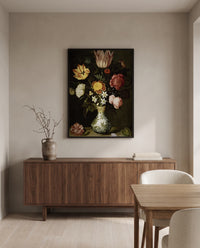 Flowers in a Wan-Li Vase by Ambrosius Bosschaert the Elder in a black frame above a walnut sideboard in a dining room