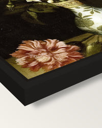 Flowers in a Wan-Li Vase framed canvas, corner close-up: a black floating frame with a shadow gap round the canvas
