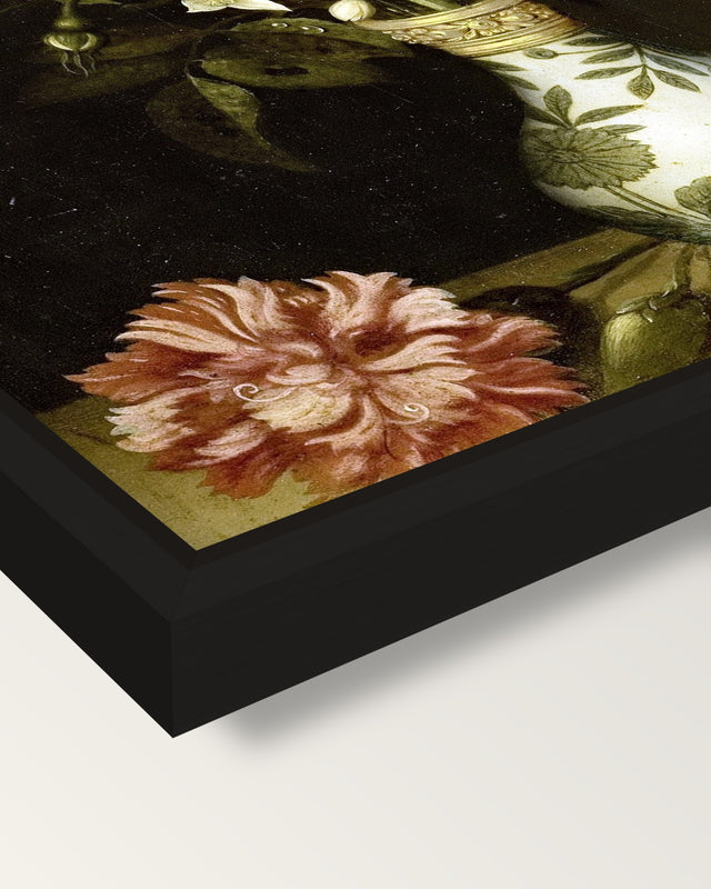 Flowers in a Wan-Li Vase framed canvas, corner close-up: a black floating frame with a shadow gap round the canvas