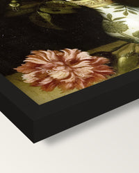 Flowers in a Wan-Li Vase framed print, corner close-up: black moulding, mitred, the print set just below its edge