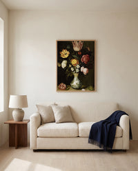 Flowers in a Wan-Li Vase by Ambrosius Bosschaert the Elder framed in natural oak above a cream sofa in a warm living room