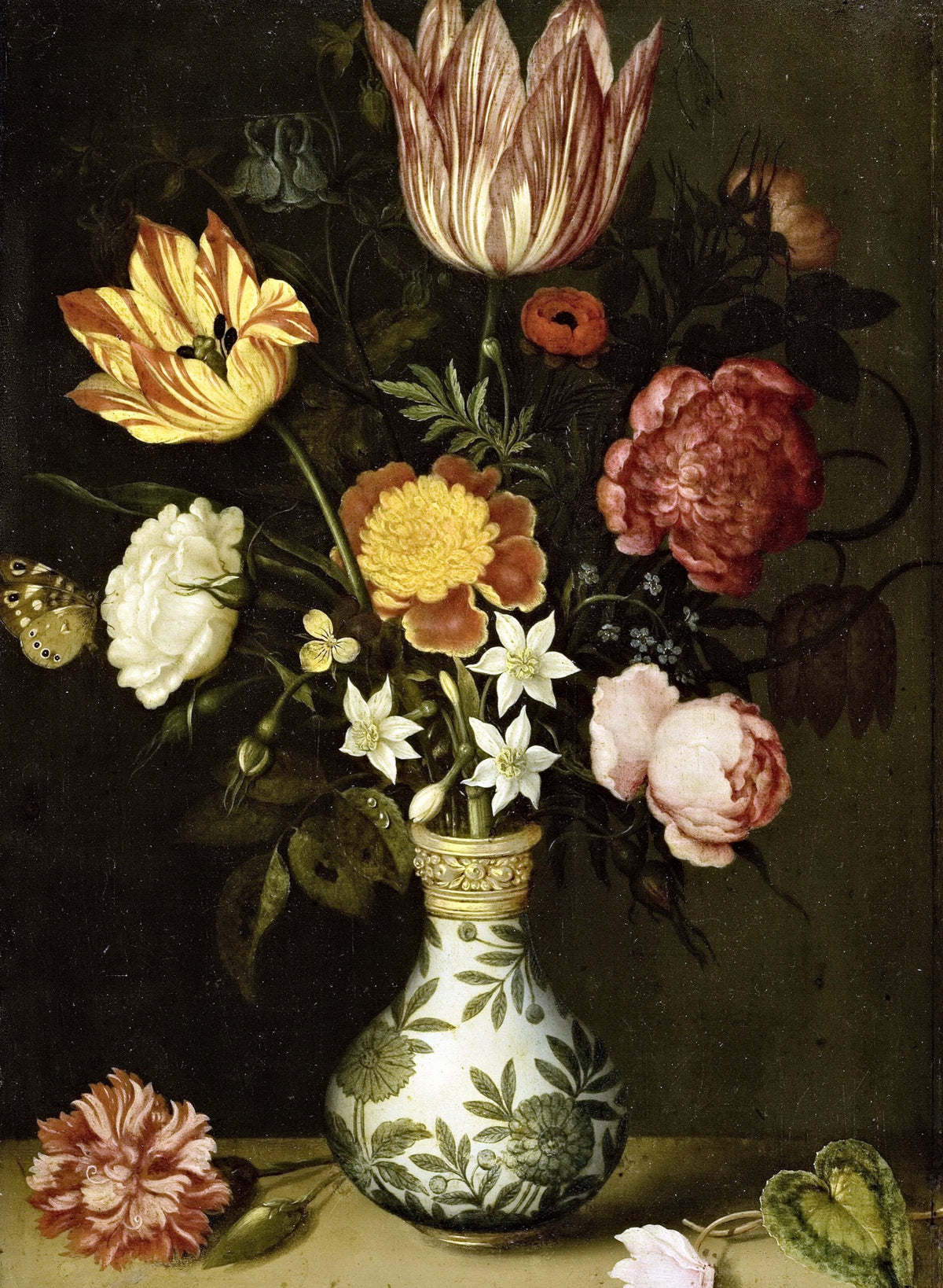 Flowers in a Wan-Li Vase by Bosschaert: a striped tulip, roses and narcissi in a Chinese porcelain vase on a stone ledge
