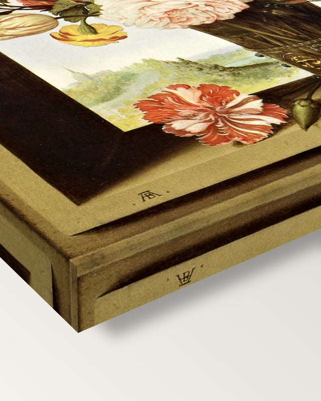 Vase of Flowers in a Niche by the Elder on stretched canvas, corner close-up: the painting mirror-wrapped round the sides