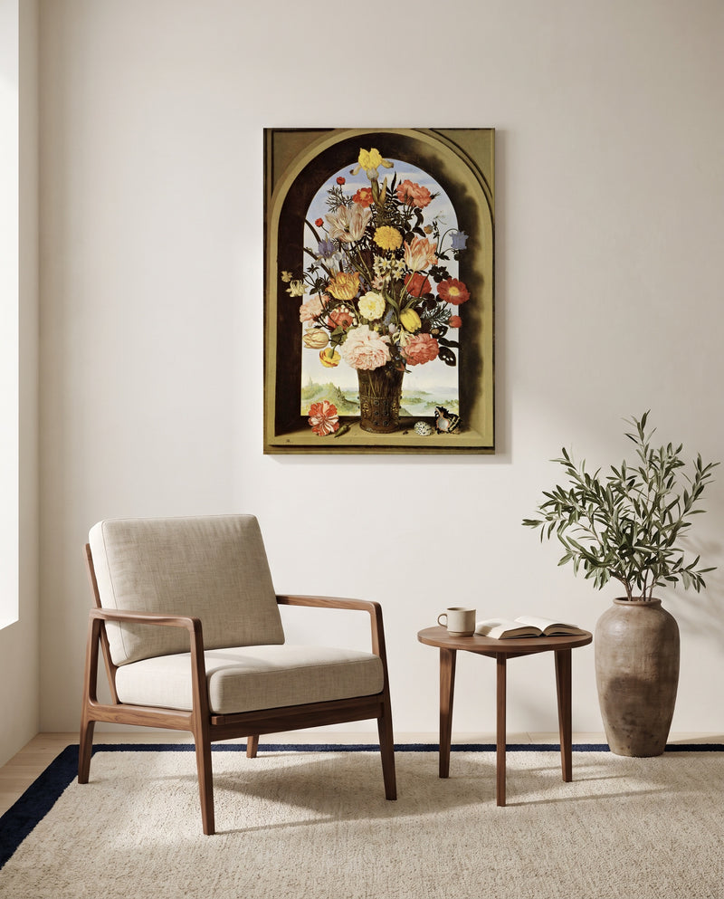 Vase of Flowers in a Niche by the Elder as a stretched canvas above a linen lounge chair in a reading corner