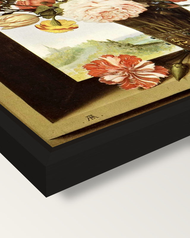 Vase of Flowers in a Niche framed canvas, corner close-up: a black floating frame with a shadow gap round the canvas