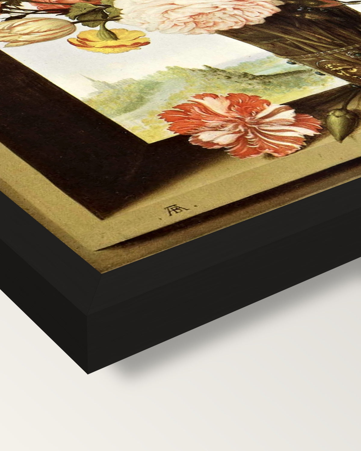 Vase of Flowers in a Niche framed print, corner close-up: black moulding, mitred, the print set just below its edge