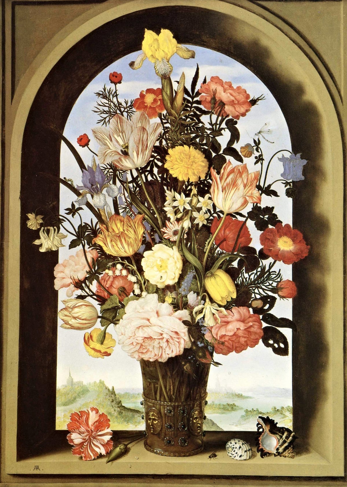 Vase of Flowers in a Window Niche by Bosschaert: tulips, roses and irises in a glass vase in an arched stone window