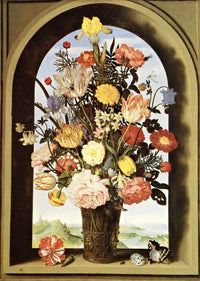 Vase of Flowers in a Window Niche by Bosschaert: tulips, roses and irises in a glass vase in an arched stone window