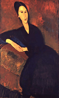 Anna Zborowska by Modigliani: a dark-haired woman with a long neck in a black dress, leaning on a sofa, deep red ground