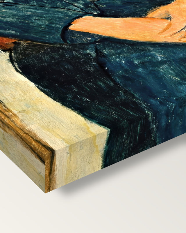 Boy in a Striped Sweater by Modigliani on stretched canvas, corner close-up: the painting mirror-wrapped round the sides