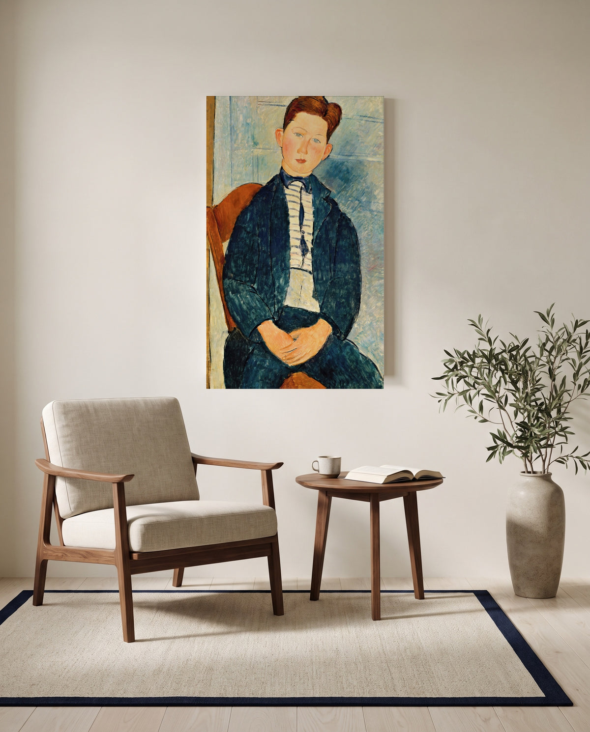 Boy in a Striped Sweater by Amedeo Modigliani as a stretched canvas above a linen lounge chair in a reading corner