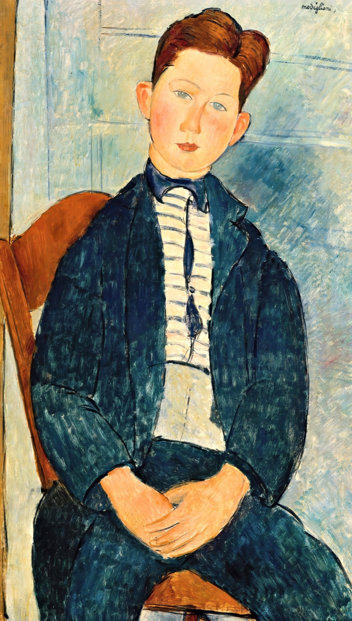 Boy in a Striped Sweater by Modigliani: a seated boy with dark hair in a striped sweater, hands in his lap
