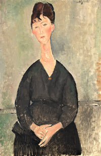 Café Singer by Modigliani: a woman with piled dark hair and a long neck in a dark dress, hands folded, on grey-green