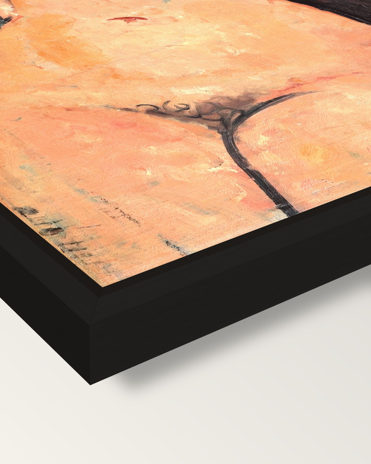 Female Nude by Amedeo Modigliani framed canvas, corner close-up: a black floating frame with a shadow gap round the canvas