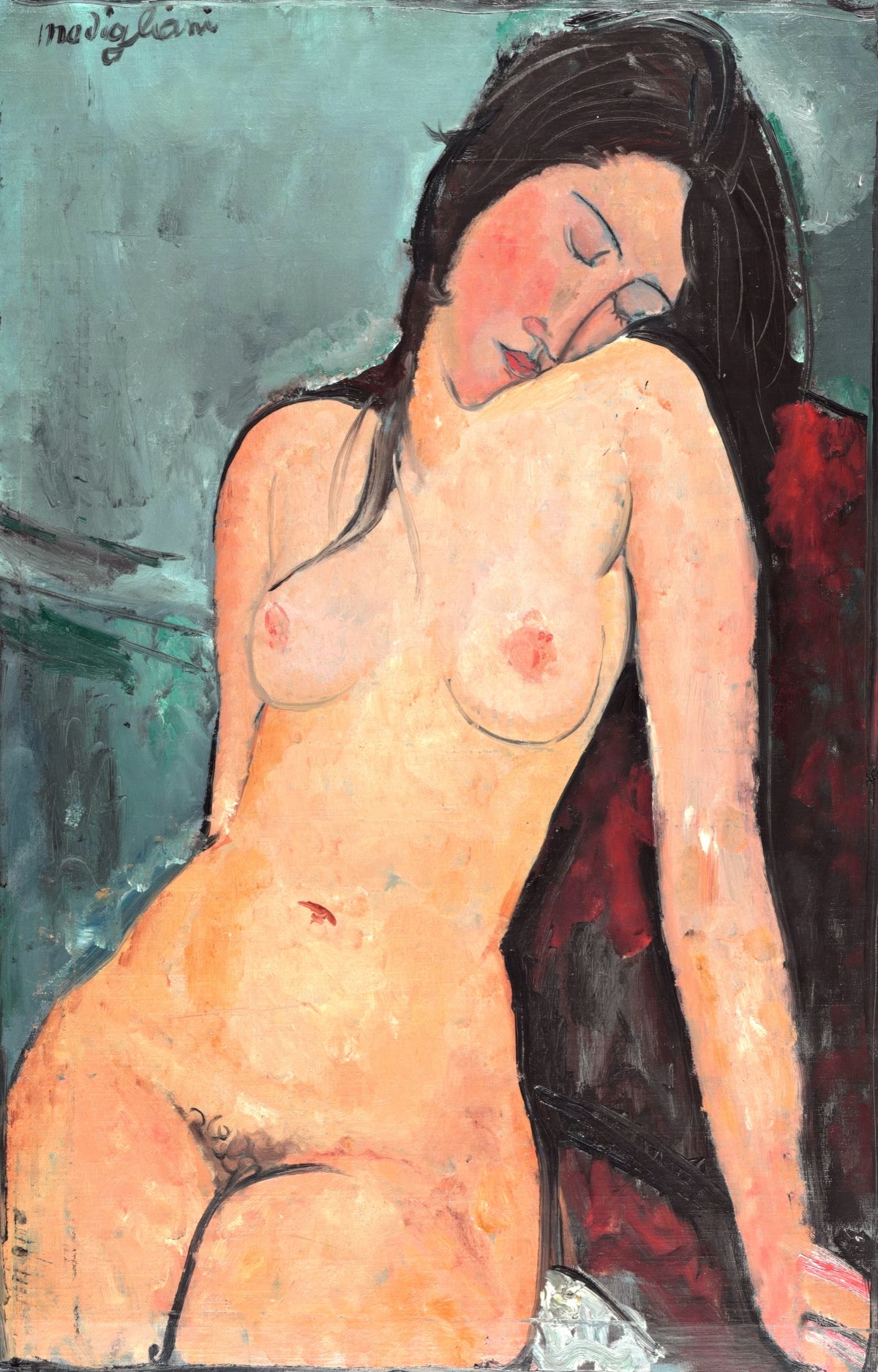 Female Nude by Modigliani: a sleeping nude woman with long dark hair and head tilted, against a blue wall and red