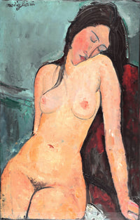 Female Nude by Modigliani: a sleeping nude woman with long dark hair and head tilted, against a blue wall and red
