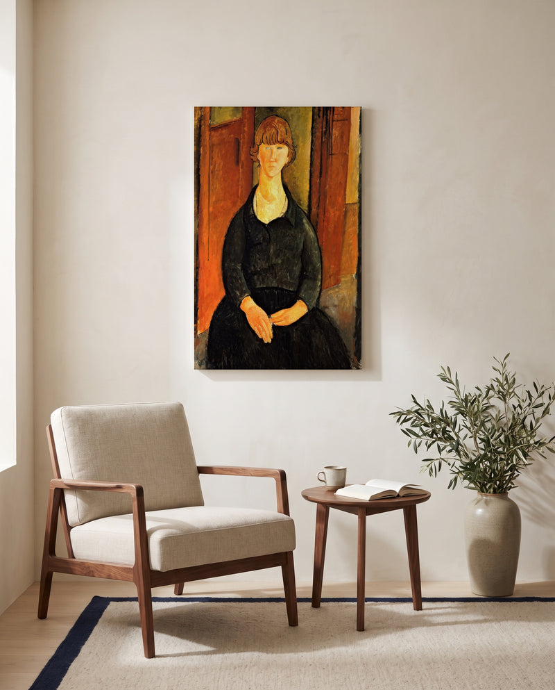 Flower Vendor by Amedeo Modigliani as a stretched canvas above a linen lounge chair in a reading corner