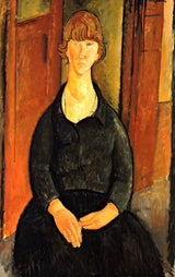 Flower Vendor by Modigliani: a young woman with dark hair and a long neck seated in a dark dress, hands folded