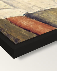 Gaston Modot by Amedeo Modigliani framed canvas, corner close-up: a black floating frame with a shadow gap round the canvas
