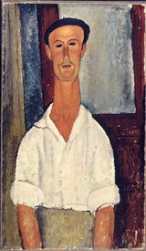 Gaston Modot by Modigliani: a man in a dark beret and a white shirt with rolled sleeves, against blue and red