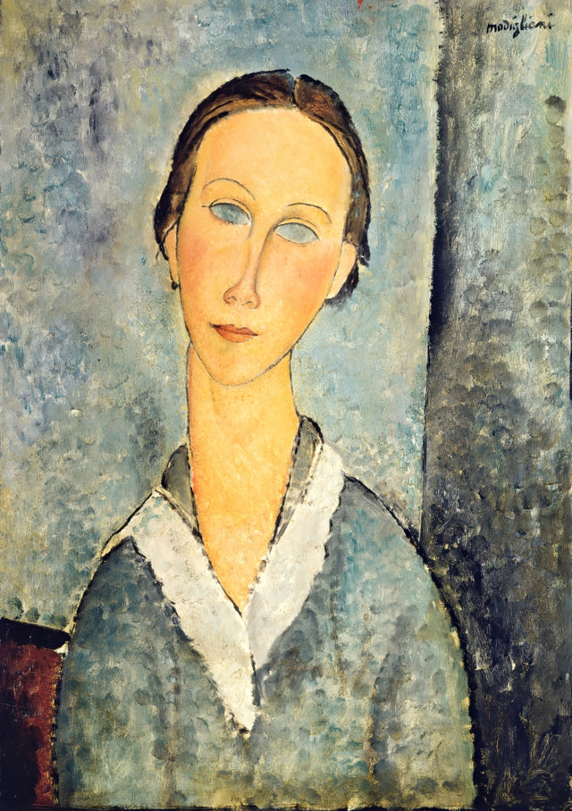 Girl in a Sailor’s Blouse by Modigliani: a young girl with dark hair in a blue and white sailor blouse