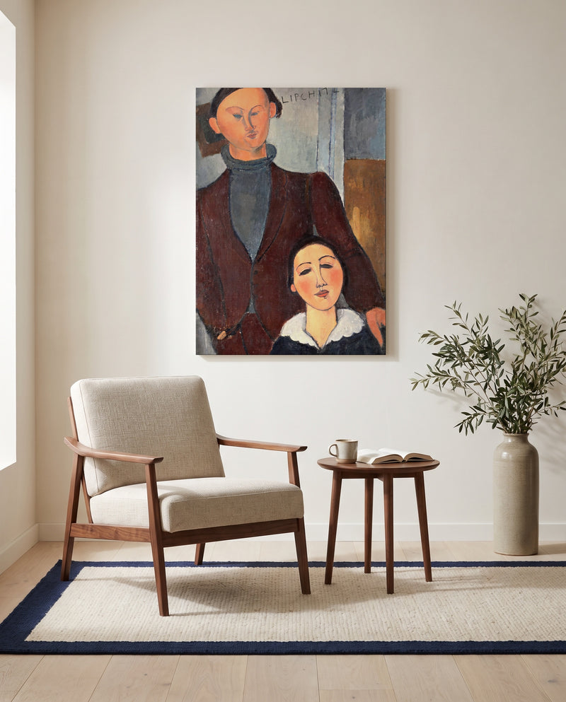 Jacques and Berthe Lipchitz by Amedeo Modigliani as a stretched canvas above a linen lounge chair in a reading corner