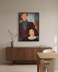 Jacques and Berthe Lipchitz by Amedeo Modigliani in a black frame above a walnut sideboard in a dining room