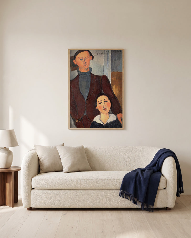Jacques and Berthe Lipchitz by Amedeo Modigliani framed in natural oak above a cream sofa in a warm living room