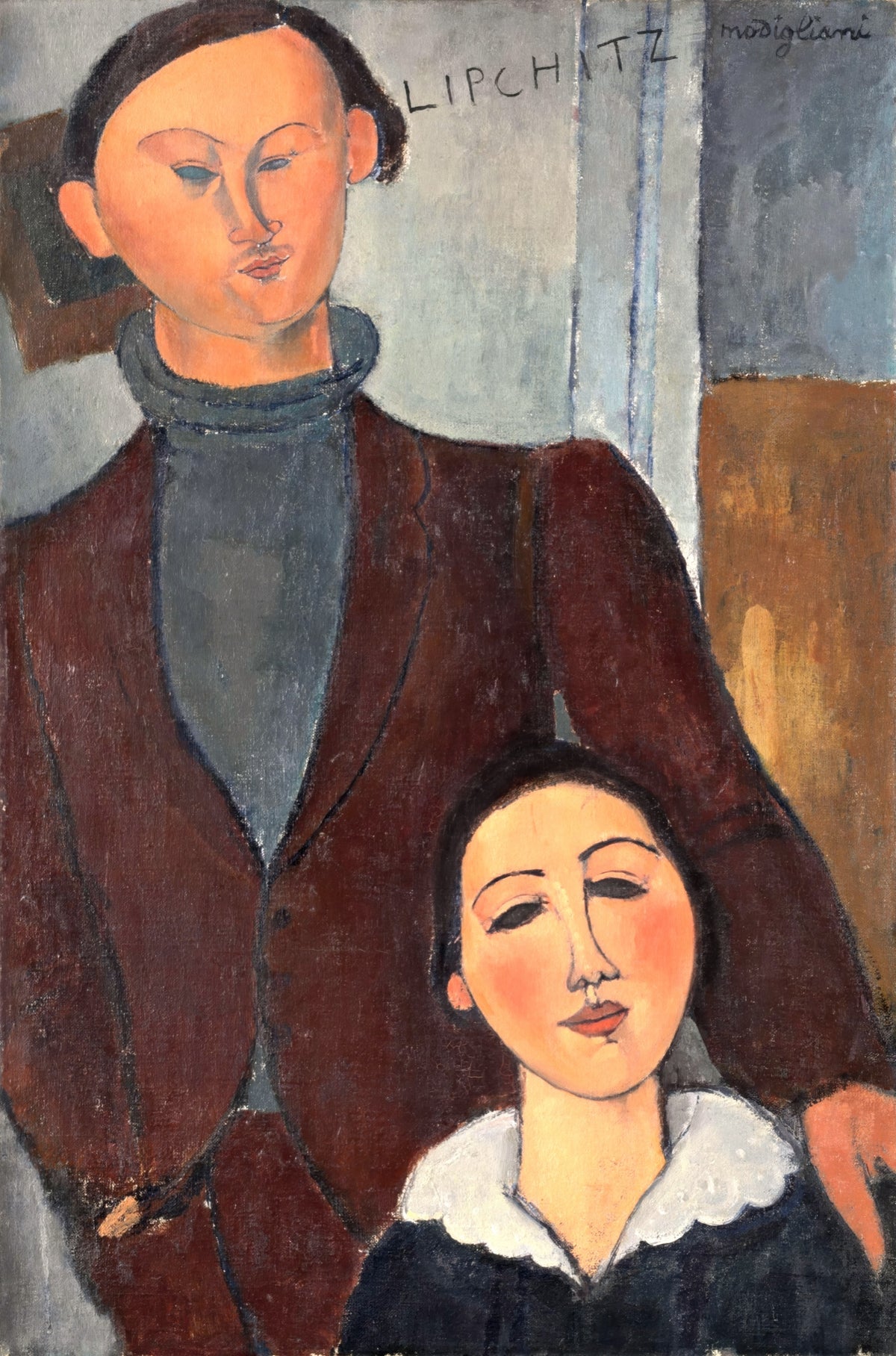Jacques and Berthe Lipchitz by Modigliani: a man standing behind his seated wife in a dark dress with a white collar