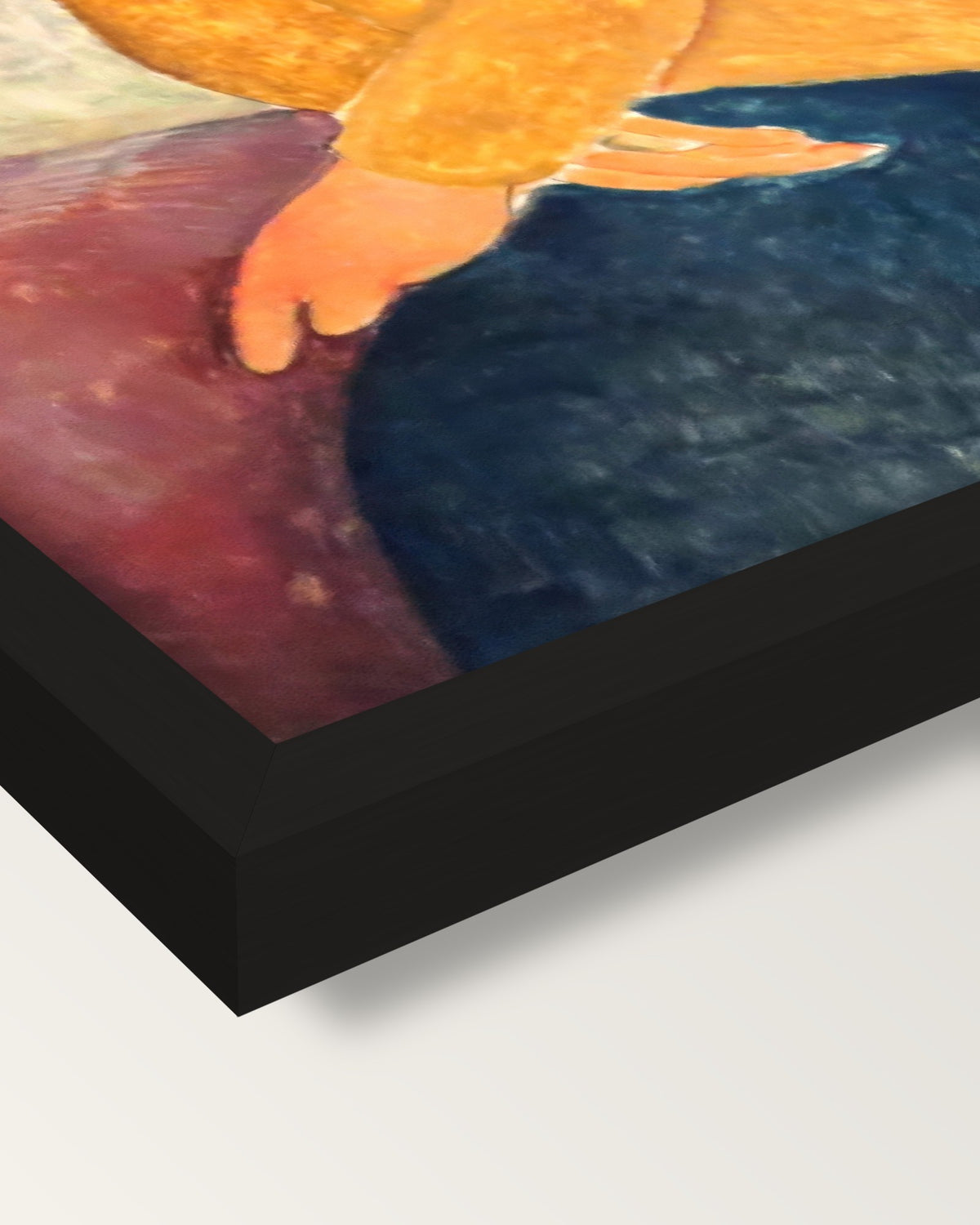 Jeanne in Yellow Sweater framed print, corner close-up: black moulding, mitred, the print set just below its edge