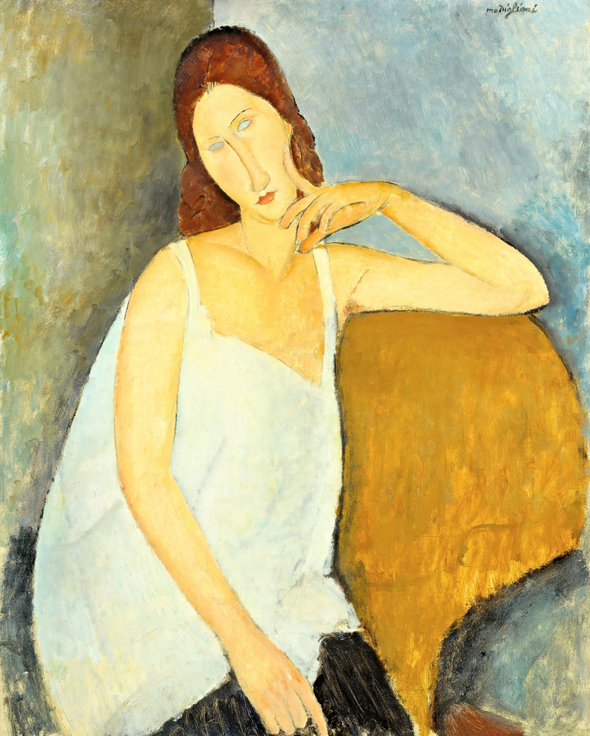 Jeanne Hébuterne by Modigliani: a young woman in a white chemise leaning her head on her raised hand, ochre chair behind