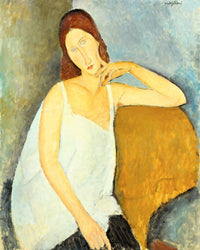 Jeanne Hébuterne by Modigliani: a young woman in a white chemise leaning her head on her raised hand, ochre chair behind