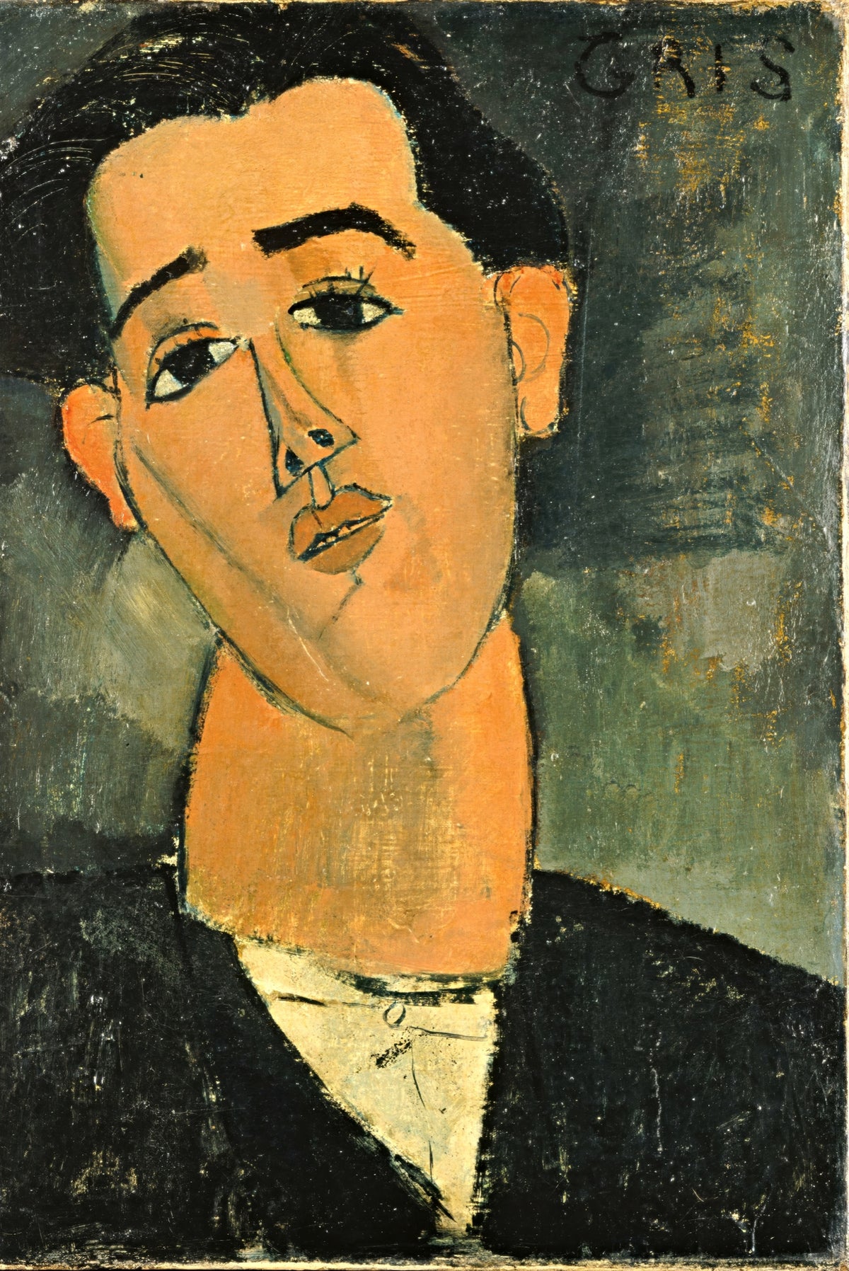 Juan Gris by Modigliani: a dark-haired man with a long face and dark eyes, his name GRIS written on grey-green