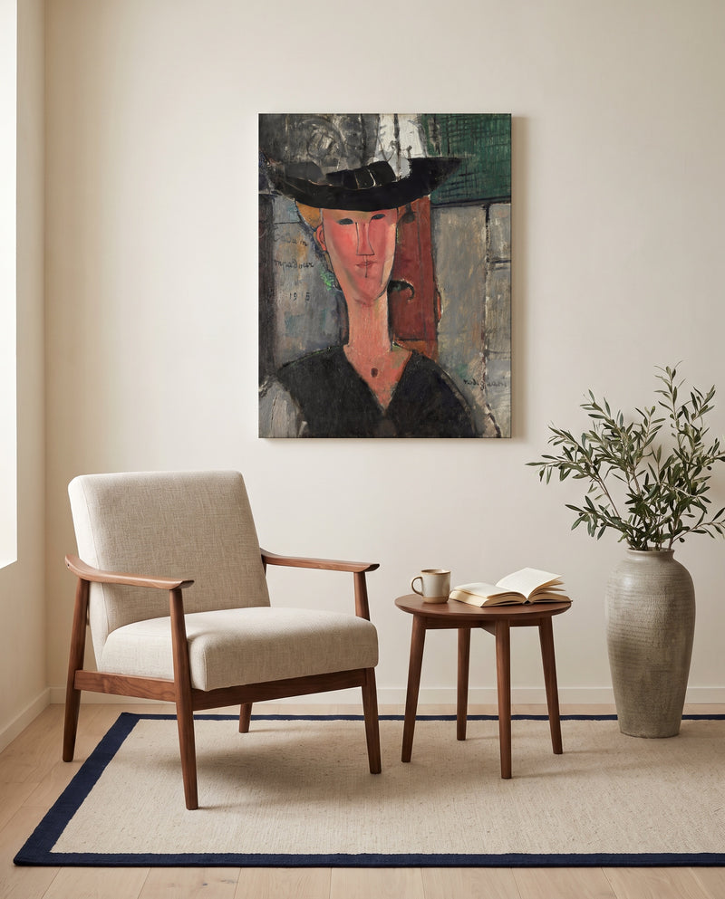 Madam Pompadour by Amedeo Modigliani as a stretched canvas above a linen lounge chair in a reading corner