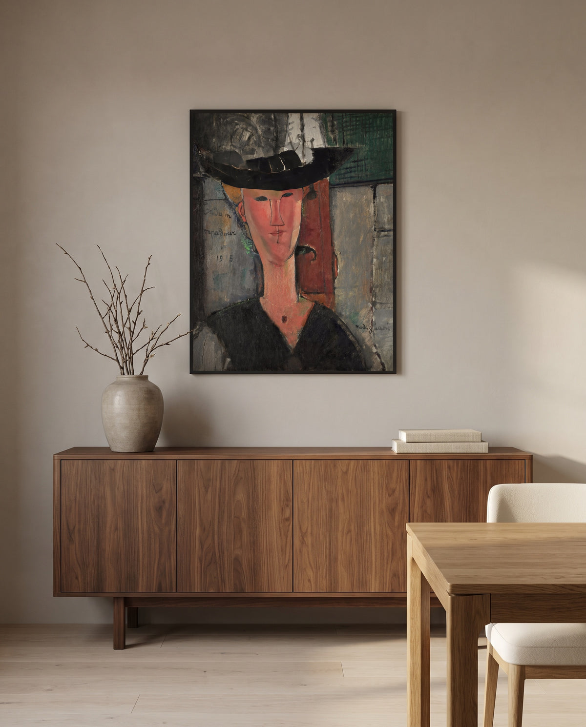 Madam Pompadour by Amedeo Modigliani in a black frame above a walnut sideboard in a dining room