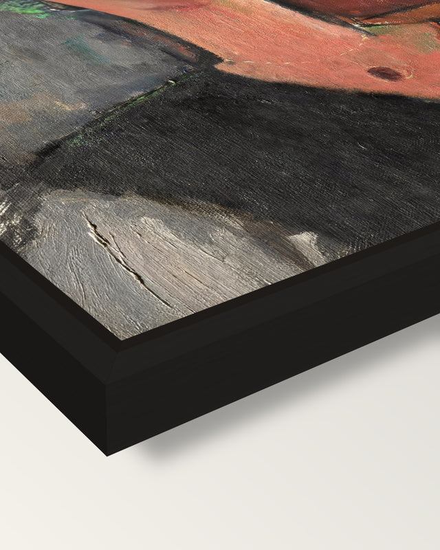 Madam Pompadour by Modigliani framed canvas, corner close-up: a black floating frame with a shadow gap round the canvas