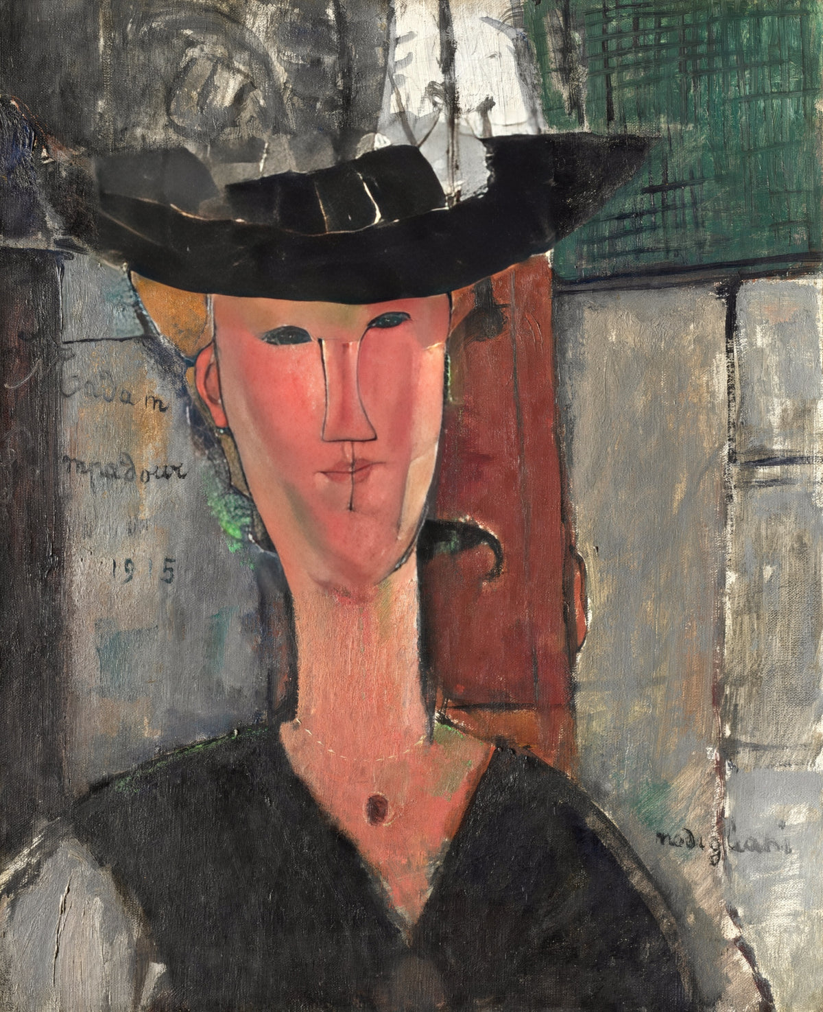 Madam Pompadour by Modigliani: a woman in a large dark plumed hat against a grid background, amused expression