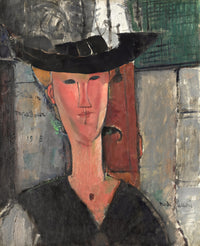 Madam Pompadour by Modigliani: a woman in a large dark plumed hat against a grid background, amused expression