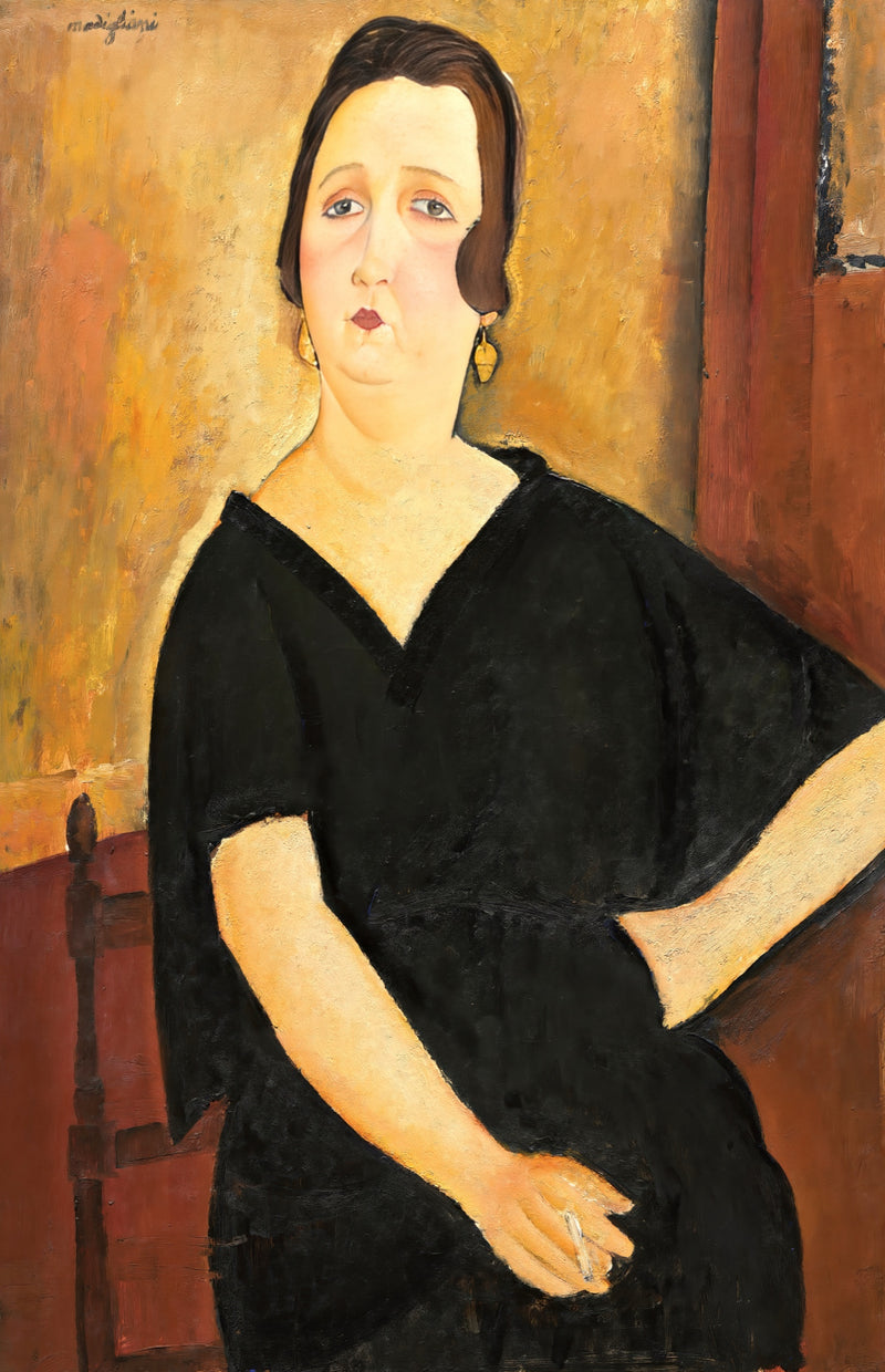 Madame Amédée by Modigliani: a seated woman in a black dress with a cigarette, against a warm ochre and red ground