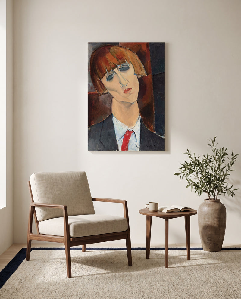 Madame Kisling by Amedeo Modigliani as a stretched canvas above a linen lounge chair in a reading corner