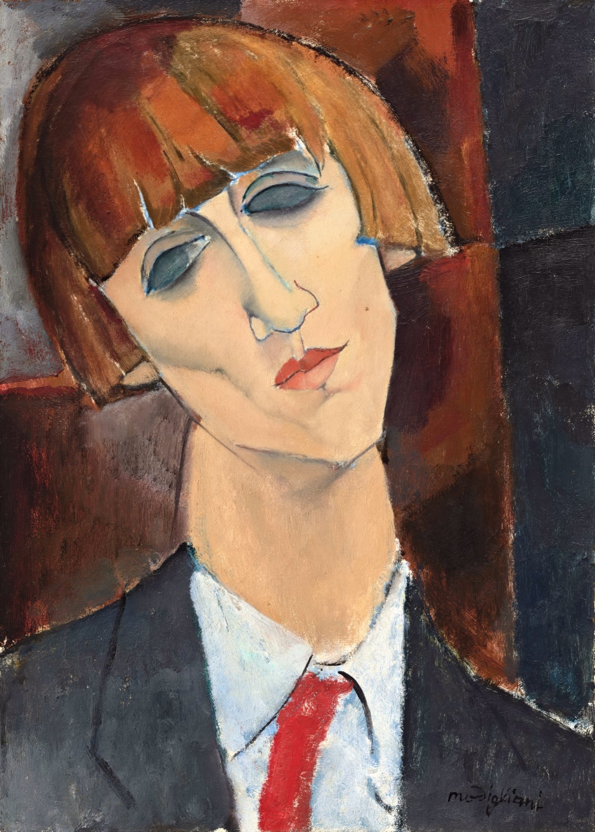 Madame Kisling by Modigliani: a woman with a copper bob and fringe, eyes lowered, in a dark jacket and red tie