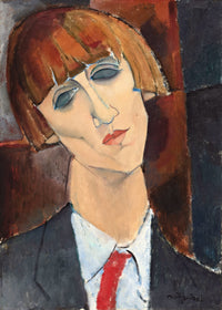 Madame Kisling by Modigliani: a woman with a copper bob and fringe, eyes lowered, in a dark jacket and red tie
