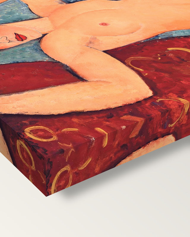 Nu couché (Red Nude) by Amedeo Modigliani on stretched canvas, corner close-up: the painting mirror-wrapped round the sides